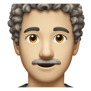 white young guy face with dark curly wolfcut and slightly visible moustache sticker