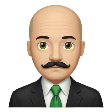 Bald guy with thick black mustache , green tie sticker