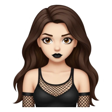 a pretty bratz fair girl with brown long hair styled well, looking like a baddie in a fishnet top and dark brown hair and black lipstick sticker
