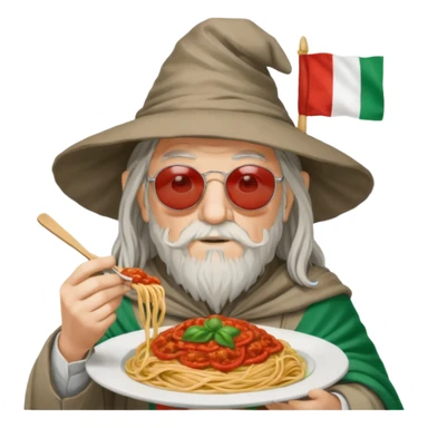 Gandalf with sunglasses, eating spaghetti and wearing Italian colors with an Italian flag somewhere sticker