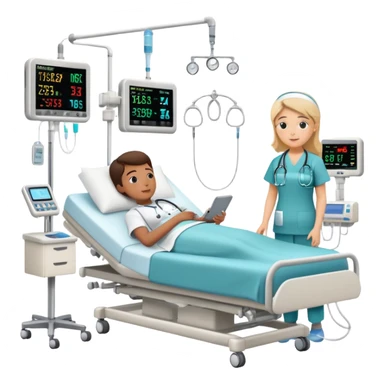 Hospital sleep laboratory room with patient in hospital bed connected to sleep monitoring equipment, nurse checking vitals, medical charts, and hospital IV stand sticker