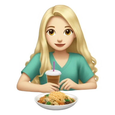  Blonde long hair girl eating Korean food and drinking boba sticker