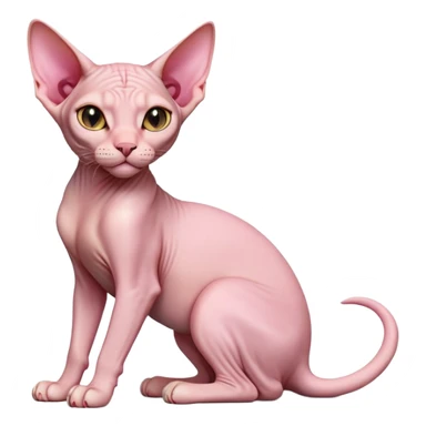 cinematic-[sphynx cat]-realistic-full-body-sitting-emoji,-tail-curled-playfully-around-its-paws,-head-tilted-dramatically,-sleek-[pink]-skin,-simplified-yet-realistic-focused-features,-highly-detailed,-glowing-with-an-almost-sarcastic-glow sticker