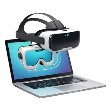 VR headset, wire connected to laptop, laptop screen showing VR/AR modeling software, floating 3D models or virtual objects, modern, tech-inspired colors, no emojis or smiley faces, transparent background. sticker