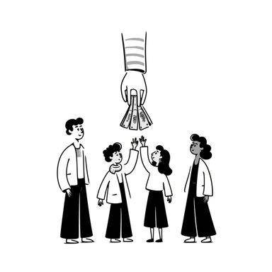 Hand giving money to family members, financial support concept sticker