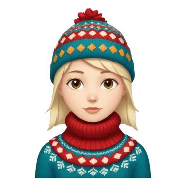 Fantasy human emoji portrait, knitted winter collar with simple pattern, festive but subtle look, warm colors, minimal fantasy style, clean emoji design, male/female variant
 sticker