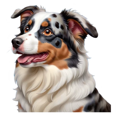 Cinematic Cute Yawning Calico Australian Shepherd Portrait Emoji, Head tilted slightly with a dramatic, wide-open yawn, predominantly white coat with vibrant black, tan, and red calico merle patches, floppy ears slightly drooping, round blue eyes barely open in drowsy contentment, Simplified yet irresistibly adorable features, highly detailed, glowing with a soft, cozy glow, high shine, relaxed yet expressive, stylized with a touch of whimsy, bright and endearing, soft glowing outline, capturing the essence of a sleepy yet affectionate pup, so drowsy it feels like it could stretch right out of the screen and curl up for a nap! sticker