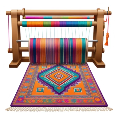 Carpet weaving icon, finished woven carpet with intricate patterns, colorful threads, weaving loom in background, minimalistic style, clean lines, transparent background. sticker