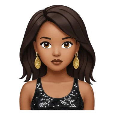 LeToya Luckett with long dark brown hair, black sequin crop top, black earring sticker