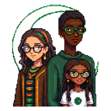 medium height beautiful Mexican girl next to a dark-skinned boy with glasses, green-brown eyes, and a crescent moon scar on his chin, pixel art style sticker