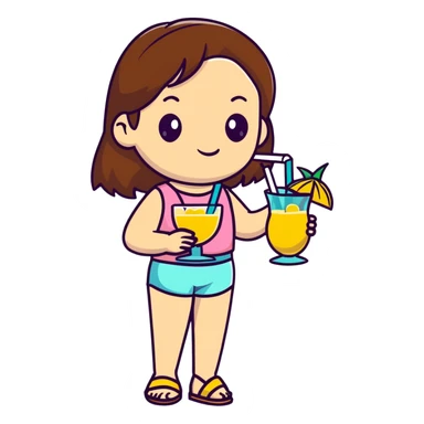 Very tan skinned girl with brown hair wearing a summer outfit sipping a piña colada sticker