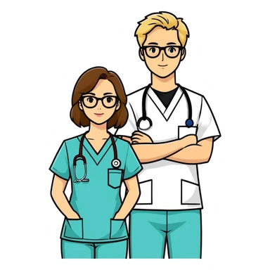 Woman with brown hair and glasses in Scrubbs next to a man with blonde hair and a black shirt sticker