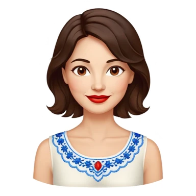Confident 40-year-old woman with healthy glowing skin, round cheeks, warm smile, expressive light brown eyes, red lipstick, wavy dark brown shoulder-length hair, summery white top with blue embroidery and electric blue neckline sticker