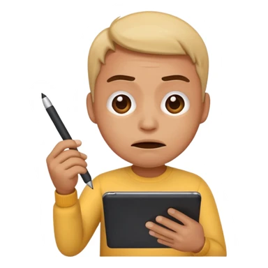 emoji holding and drawing on tablet using a stylus, looking down at screen in frustration sticker