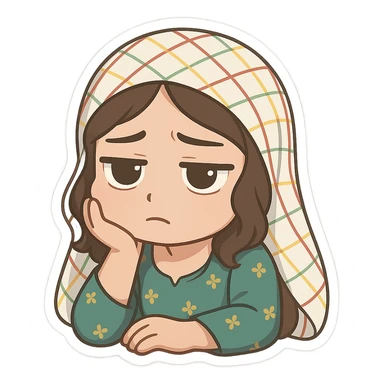 Kurdish man or woman in jamadani, cartoon style, feeling bored, resting head on hand, blank stare, no text sticker