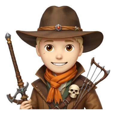 male human monster hunter emoji, wearing brown leather coat and wide hat, holding crossbow, with amulet shaped like skull, Halloween fantasy theme, confident smile, orange scarf, Apple emoji style, clean white background, square image sticker