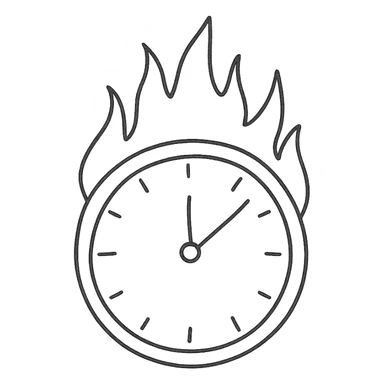 minimal hand-drawn outlined icon of a burning round clock with vivid flames, no fill sticker