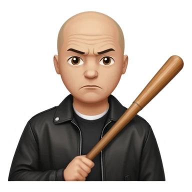 Bald Russian 1990s gangster emoji, leather jacket, , serious angry face with a bat sticker