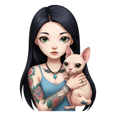 a Chinese girl with long black  straight hair and tattoos and little Sphynx sticker