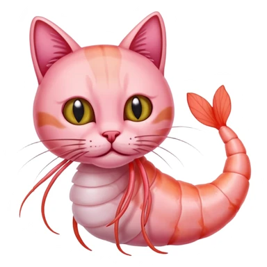 A pink shrimp with a cat's head, shrimp body and tail with cat face sticker