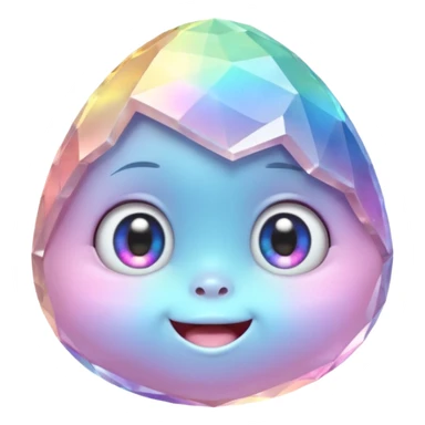 One pastel rainbow quartz rock baby character, small round faceted head, smooth but clearly rock-like, soft iridescent reflections, huge eyes and tiny smiling mouth, 3D render, high detail, plain dark background, no extra objects sticker