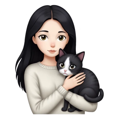 Beautiful skinny woman long dark black hair in sweater hug black white cat sticker