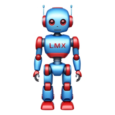 generate cute full body robot glossy, realstic, red and blue color, add text on chest "LMX" sticker