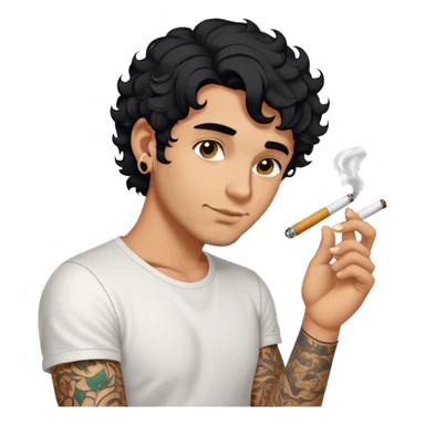 Italian guy with tanned skin, curly black hair in a short bob and stubble, with a gold earring in his left ear, wearing a white T-shirt, with a tattoo on his forearm, smoking a cigarette sticker
