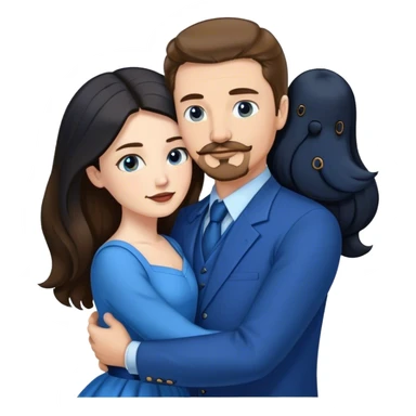 tall white man with brown hair goatee mustache hugging a pale woman with long black hair, wearing blue formal clothing sticker