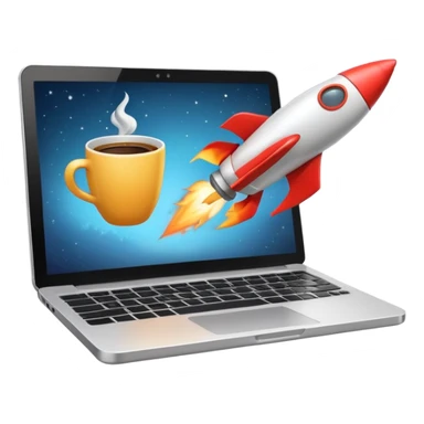 rocket blasting off from a workspace with a laptop and coffee cup, representing a startup launch, clean modern emoji style sticker