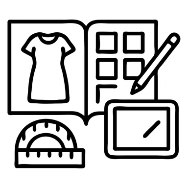 Minimalist vector icon representing fashion design management: an overhead view of a stylized open tech pack document showing a garment sketch, alongside a color swatch grid, a digital tablet with a pen, and a measuring tape curved into the shape of a semicircle. Use clean lines, soft neutral tones with one pop of color (like coral or teal), and geometric shapes. The icon should convey precision, creativity, and fashion process in a modern, professional style. Designed to be easily recognizable at small sizes. Yellow & black theme sticker