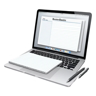 online booking system on MacBook screen beside a classic paper notebook and pen sticker