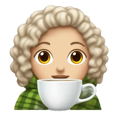 a White girl with curly hair wrapped in a blanket with a cup of tea sticker