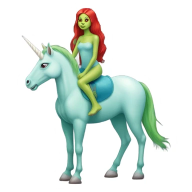 [politically incorrect
	{ woman: alien, color: light green, hair:red, eyes:cat} ]
	on a 
	[{ unicorn: white, legged:four, mane: light blue }] sticker