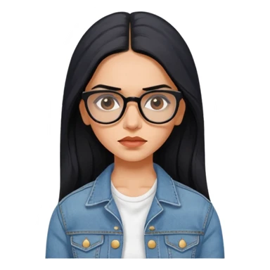 generate a pretty bratz emoji 
Make her wear a white dress with a denim jacket over it.long  black hair side part 

She should look exactly  like Deepika padukone! wearing tiny rectangular spectacle, looking sad sticker