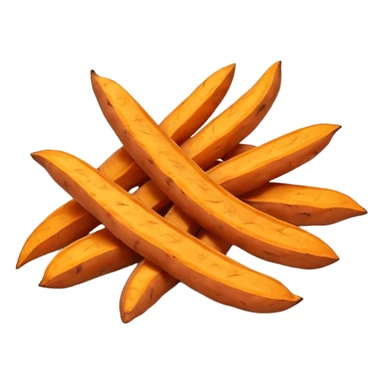 sweet potato fries, two or three, thick-cut, orange interior, golden-brown edges, natural baked or fried texture, gentle curves, rustic, warm, crispy outside, soft inside, no plate or dip, no faces, clean 3D, soft shadows, transparent background, emoji scale sticker