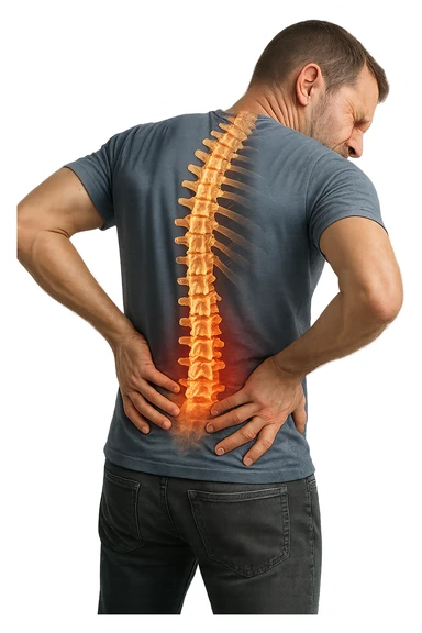 uomo con spina dorsale anatomica visibile che si massaggia la schiena perché gli fa male, iperrealistico 4k sticker