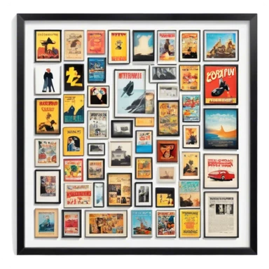 Icon for Photograph and Poster Collecting: a collection of photographs and movie posters, neatly displayed on a wall or in frames. The icon should evoke the nostalgia and artistic value of collecting rare images and posters. Transparent background. sticker
