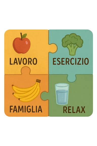 Puzzle (Lavoro, Esercizio, Famiglia, Relax), and healthy foods are integrated into each piece. in italiano sticker