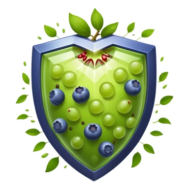 Antioxidant-rich foods (blueberries, pomegranate, grapes, dark chocolate, green tea) surrounded by a powerful, bright protective shield. The shield emits intense rays that destroy dark particles of free radicals, creating a strong protective barrier around body cells. sticker