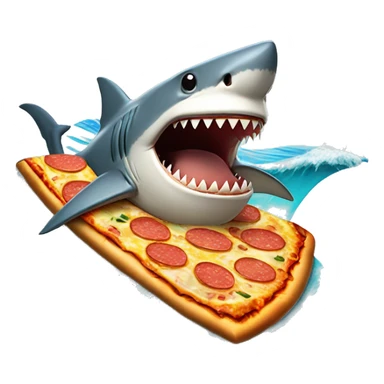shark riding surf board eating a pizza on a wave sticker