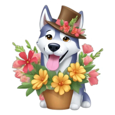 husky dog with a bouquet of flowers in a festive hat and congratulation word sticker