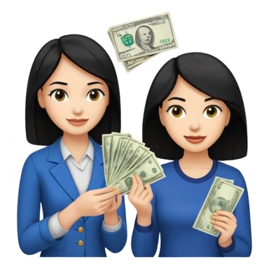 Chica cabello negro, en el marketing digital, que esté preocupada por facturas y otra que esté alegre de ganar dinero  sticker