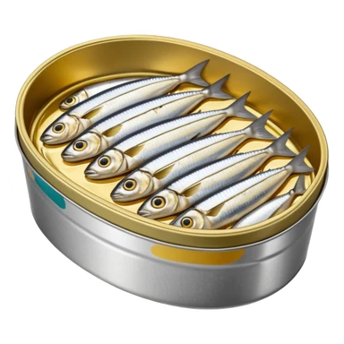 open oval tin showing tightly packed whole sardines in shiny silver skin, slightly overlapping and nestled in golden oil or tomato sauce, clean outlines, glossy preserved texture, no fork, garnish, or label, just the open tin and contents, soft lighting, subtle shadows, emoji scale sticker