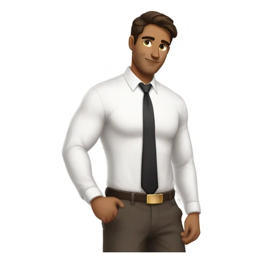 A waist up shot of a handsome tan man with dark brown hair wearing a white shirt and a gold watch sticker