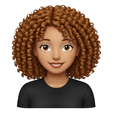 iPhone-style avatar icon of a female with curly hair, medium brown skin, freckles, black shirt, soft and approachable sticker