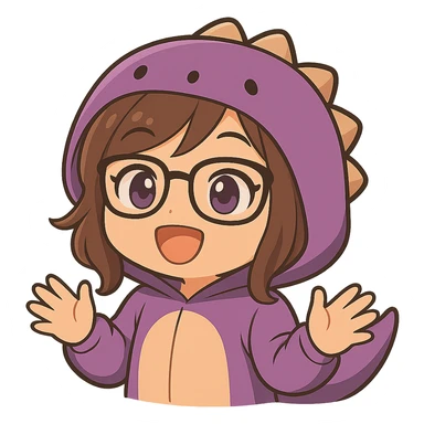 Add visible, expressive hands to the chibi anime style gamer girl with glasses, brown hair, dark purple eyes, and a purple dinosaur costume. She is happy with eyes open, holding no controller. Keep the same chibi anime style as the reference image. No background. sticker