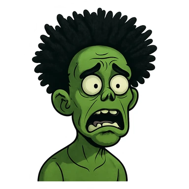 green zombie with black spiky afro-textured hair, expressive face sticker