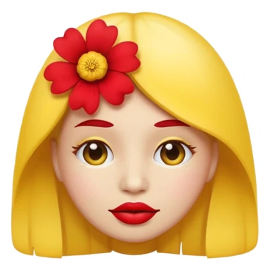 Create an yellow circle face emoji that lips are big, red, shiney and have flower on her head sticker
