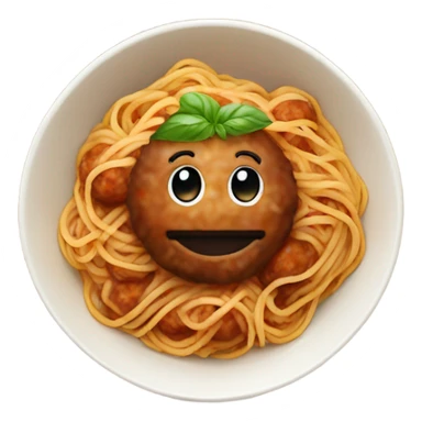 spaghetti with meatballs in a bowl with basil sticker